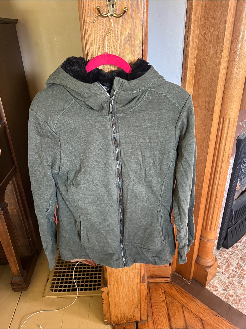 Eddie Bauer Olive Hoodie Jacket with Black Faux-Fur Hood Lining